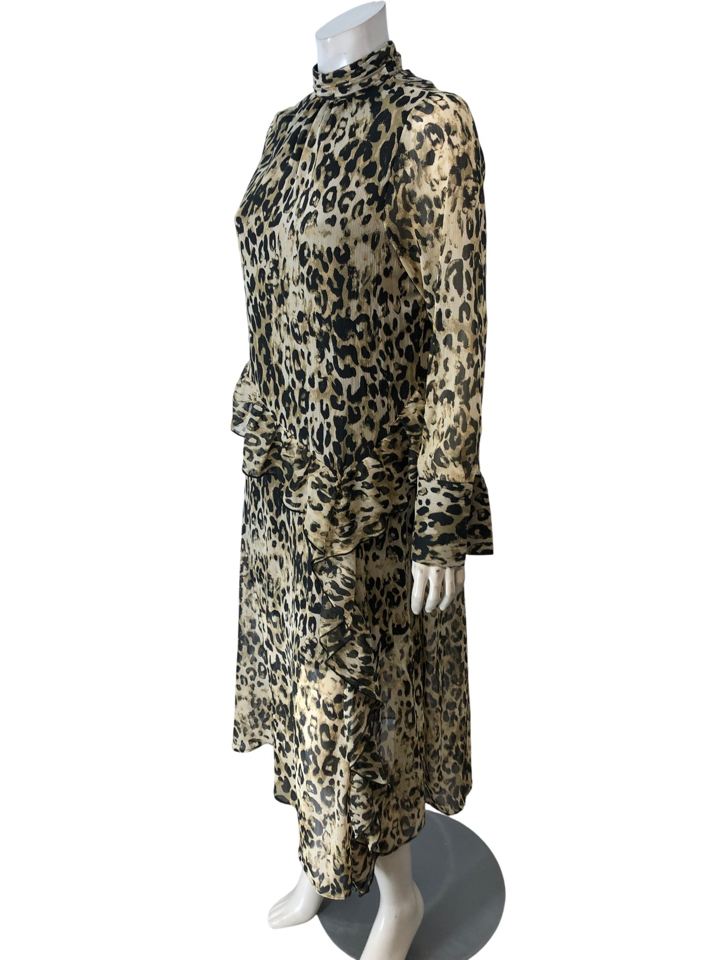 River Island Leopard Print Midi Dress Women High Neck Long Sleeve Size 8
