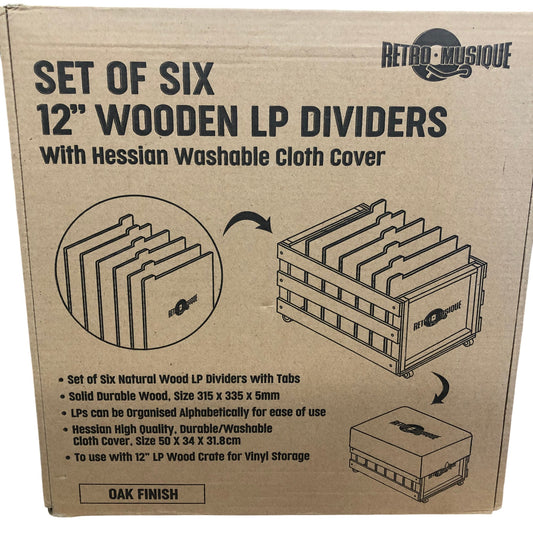 RETRO MUSIQUE Set Of Six 12 Inch Wooden LP Dividers With Hessian Cover Oak