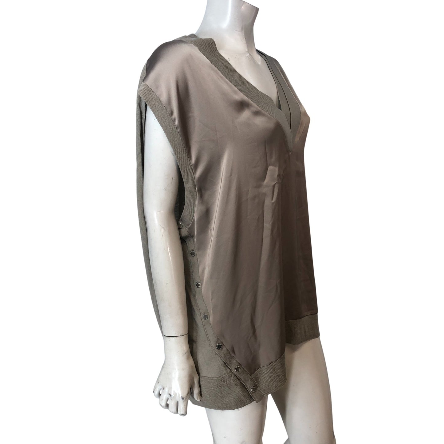 All Saints Women's Large Beige V Neck Button Detail Top Casual Loose Fit