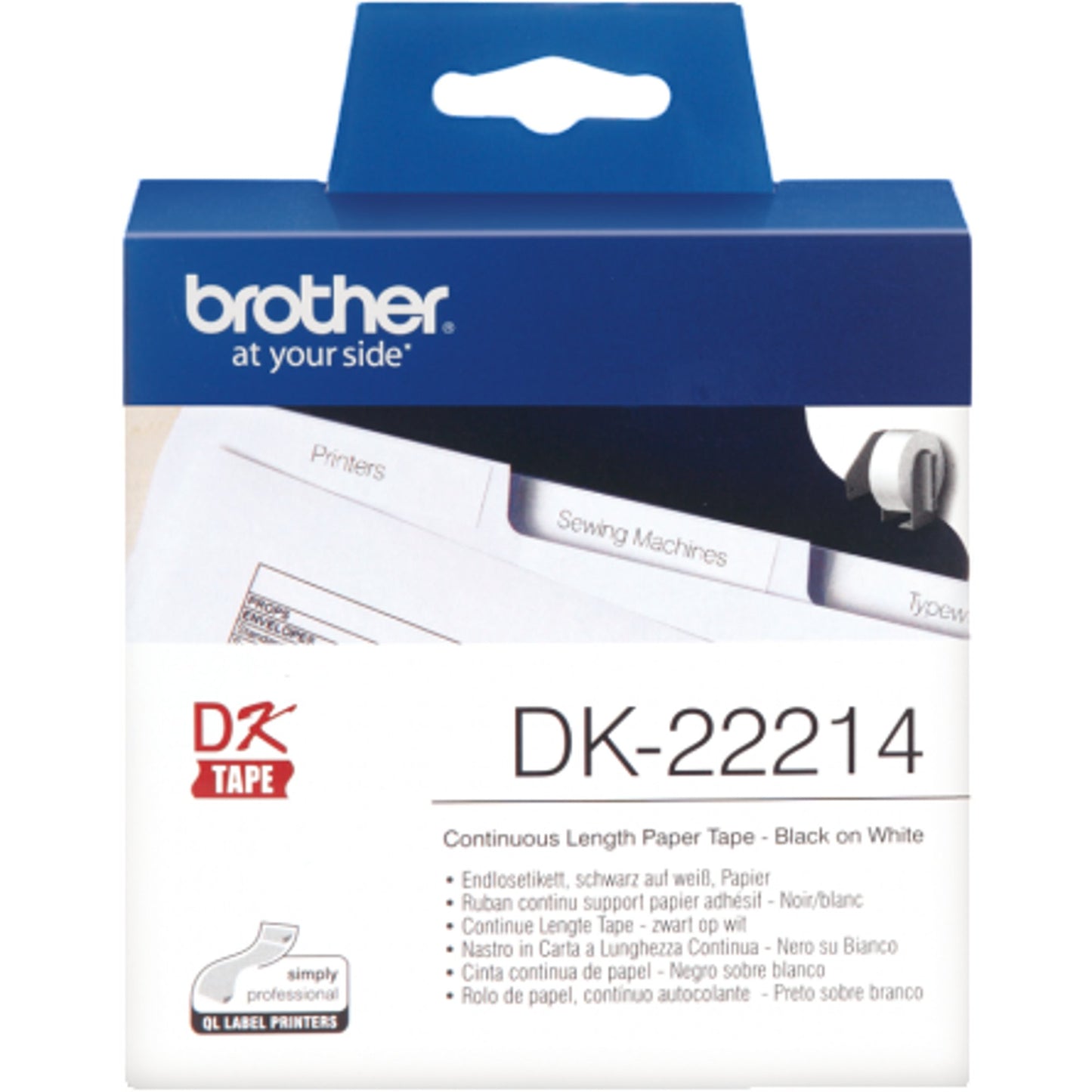 BROTHER DK-22214 Continuous Length Paper Tape Black on White Compatible Labeling