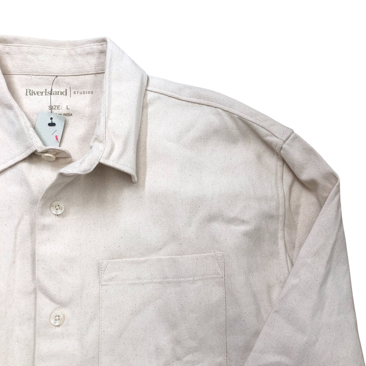River Island Studios Shirt Size L Men's Long Sleeve Casual Cream Cotton Top