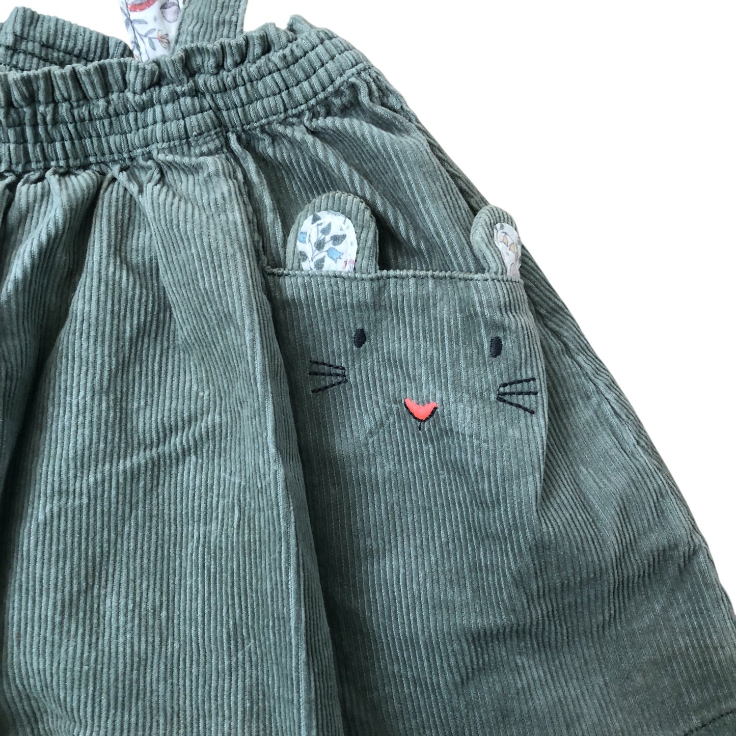 Girls 3-4 Years Green Corduroy Dungaree Dress With Cat Pocket Details