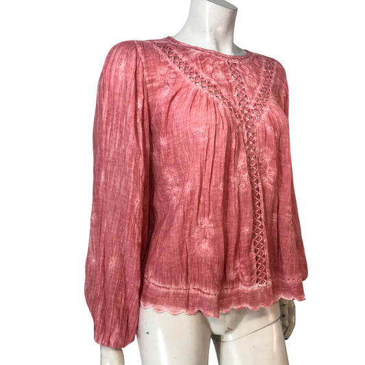 River Island Pink Long Sleeve Blouse UK18 Women's Embroidered Cotton
