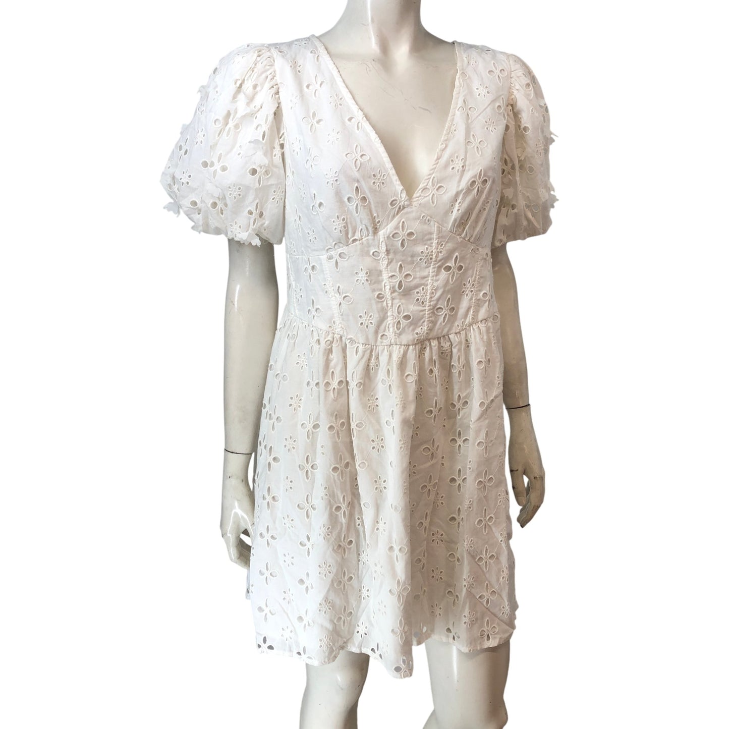River Island Women's White Embroidered Short Dress UK10 Puff Sleeve