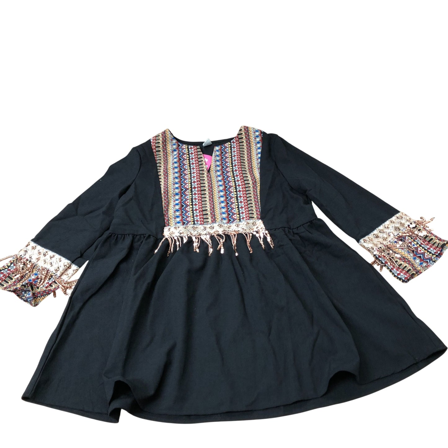 Girl's Tunic Top Black Colourful Embroidered Long Sleeve 12 Years