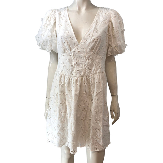 River Island Women's White Embroidered Short Dress UK10 Puff Sleeve
