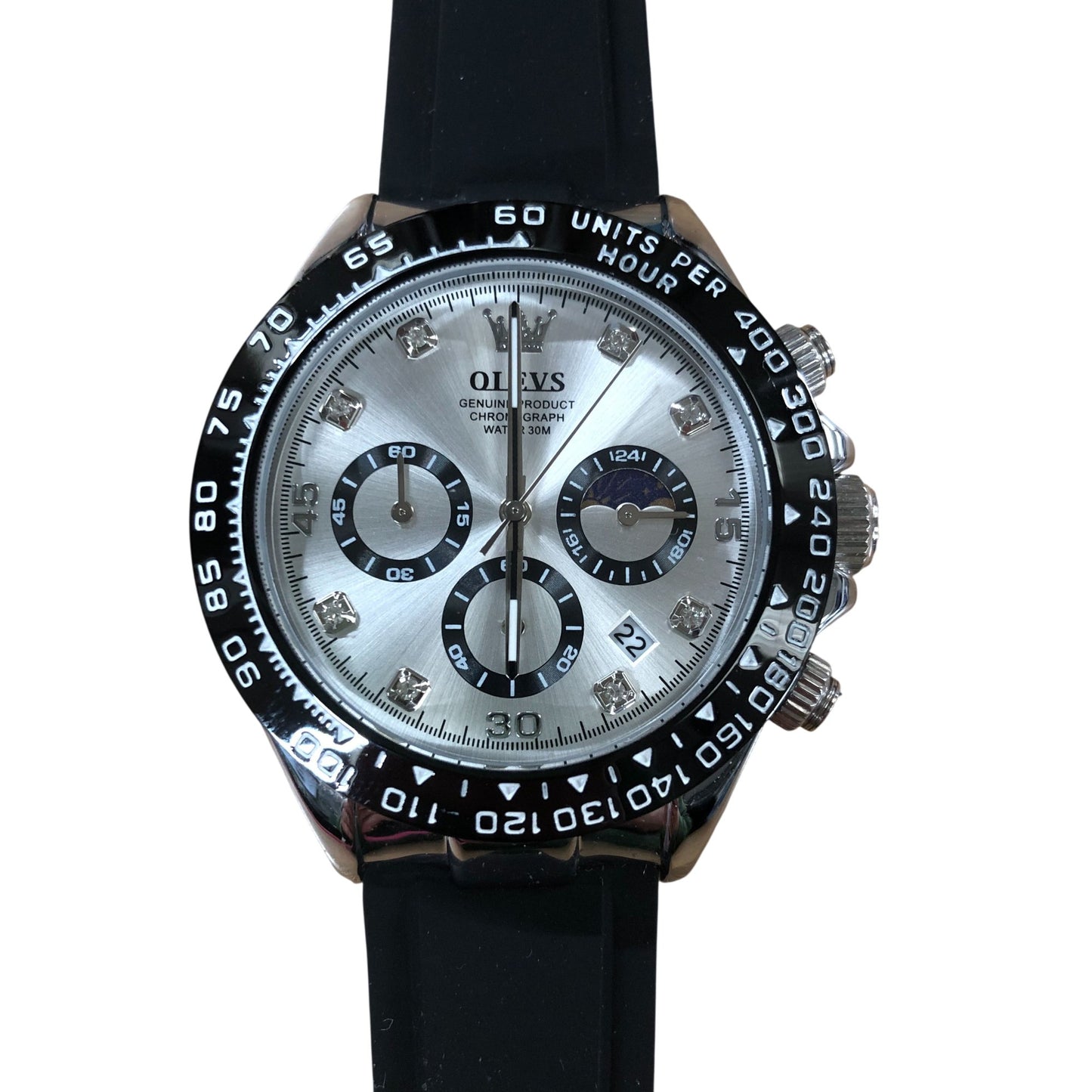 OLEVS Chronograph Watch Water Resistant 30m Men's Black Strap Silver 2875