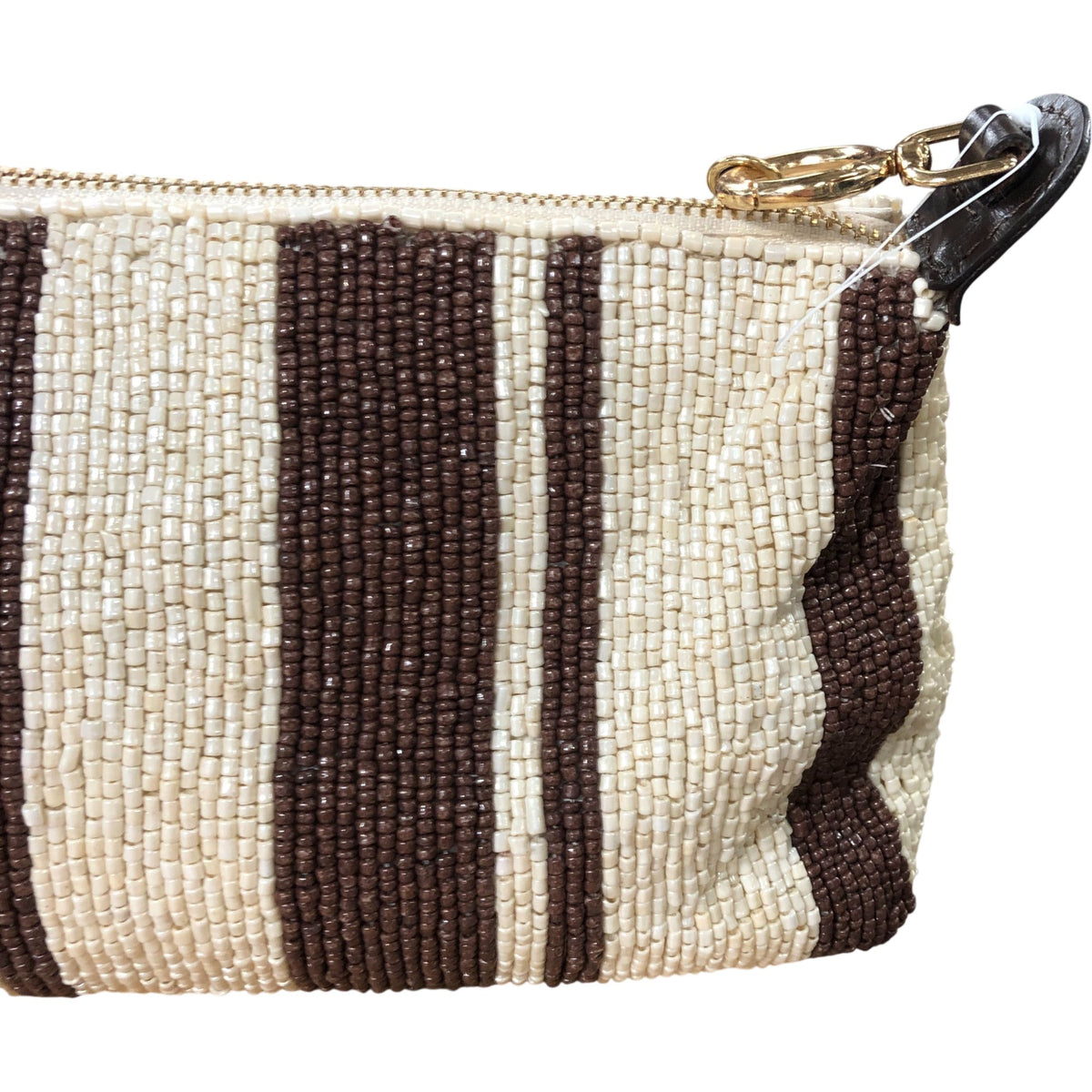 Isla Stripe Beaded Clutch Bag Brown & Cream Gold Handle