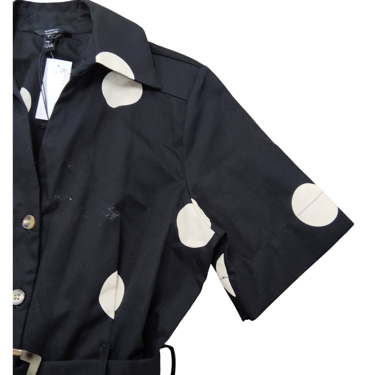 River Island UK10 Women's Black White Polka Dot Midi Dress Belted Short Sleeve