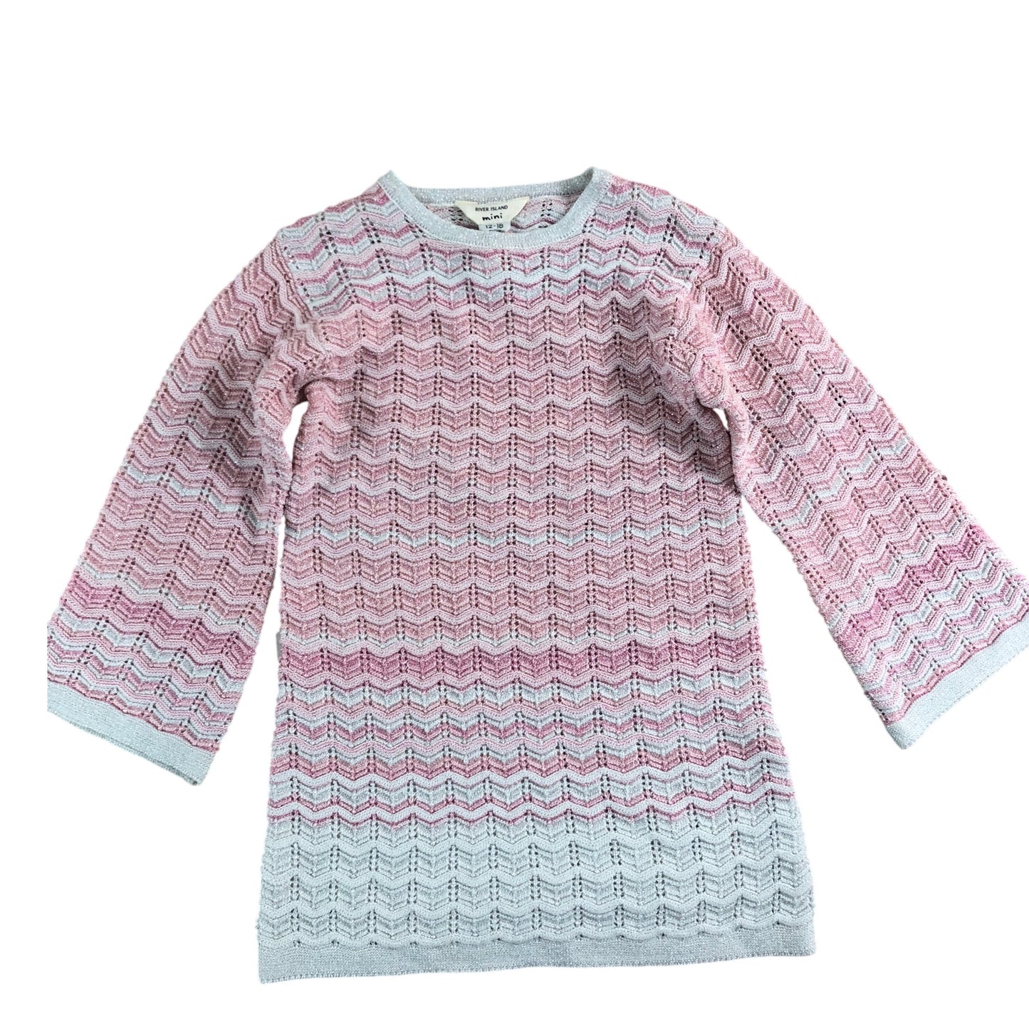 River Island Mini Pink Knit Dress 12-18 Months Girls Long Sleeve Chevrons