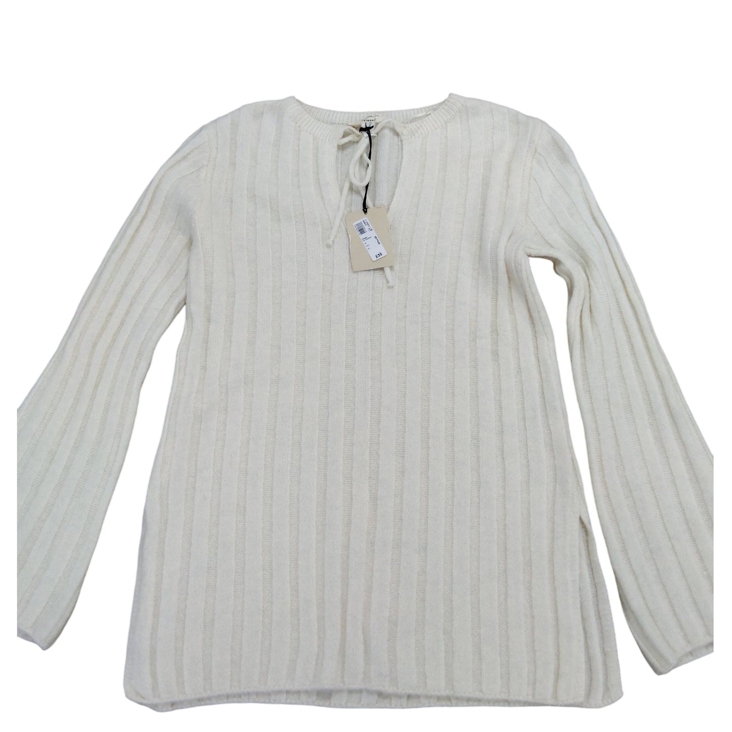 River Island Women's Cream Ribbed Sweater UK Size S Long Sleeve Tie Neck