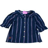 Striped Blouse Girls Cotton Blend Navy Pink Ruffle Detail