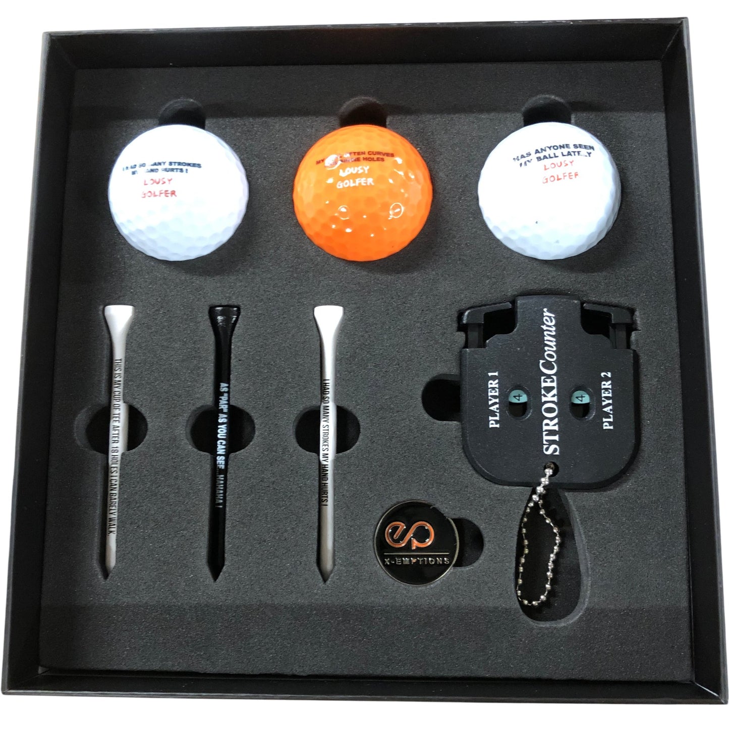 X-EMPTIONS Lousy Golfer Fun Golf Accessory Set with Golf Balls and Tees