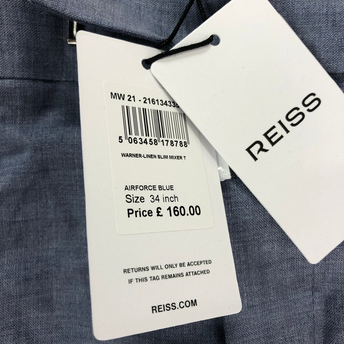 Reiss Warner Linen Slim Mixer T Trousers 34 Inch Men's Airforce Blue