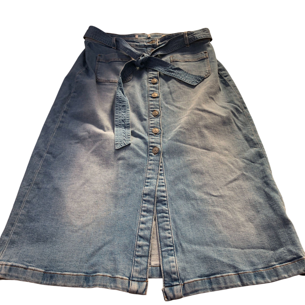 Denim Skirt UK14 Women's Button Front Midi Length Blue Cotton