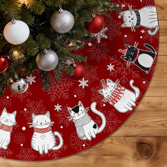 Red Cat Pattern Christmas Tree Skirt