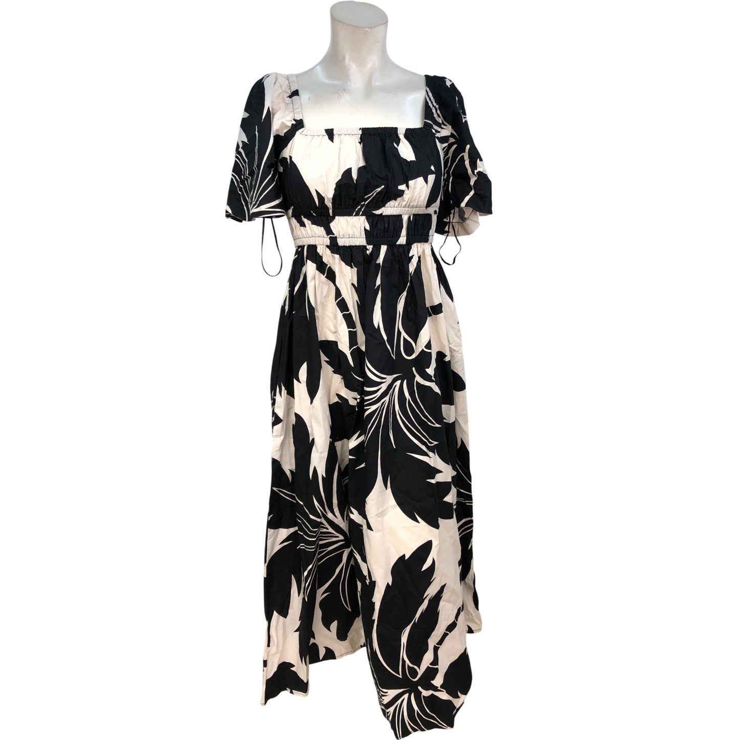 Dark Tropics Leaf Print Maxi Dress UK8 Women's Cotton Black Cream Party