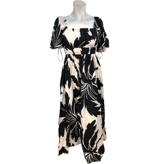 Dark Tropics Leaf Print Maxi Dress UK8 Women's Cotton Black Cream Party