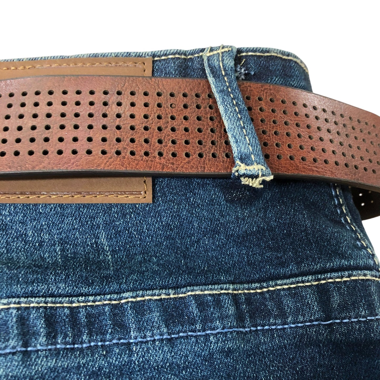 Crosshatch Farrowed 40S Men's Denim Jeans With Brown Leather Belt Dark Wash