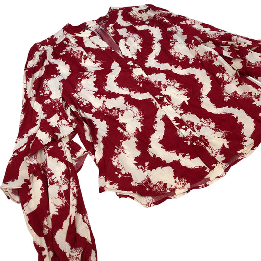 Branded Viscose Rayon Blouse Women's Red White Floral Print Long Sleeve UK12