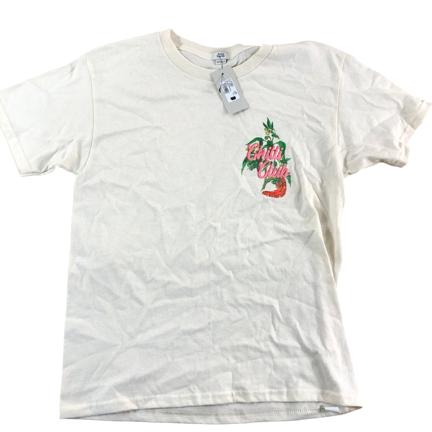 River Island Chilli Club T-Shirt 9-10 Years Kids Cream Short Sleeve Cotton