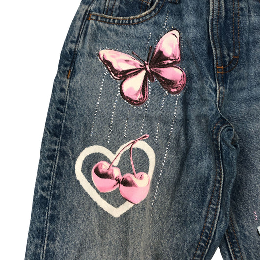 Girls Stylish Denim Jeans Decorated With Butterflies Hearts Size 8 Years