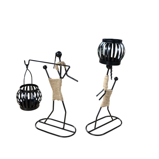 Stylish Black Metal Candle Holder Set Rustic African Style Art Home Décor
