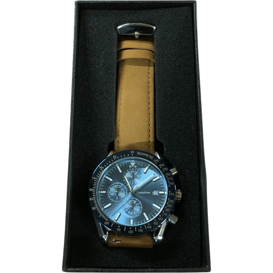 Casotime Chronograph Watch Brown Leather Strap Blue Face Men's Stylish Timepiece