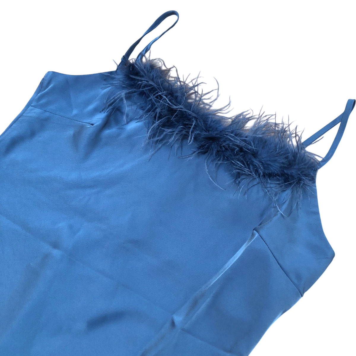River Island Long Satin Dress Women's Blue with Feather Trim Spaghetti Str
