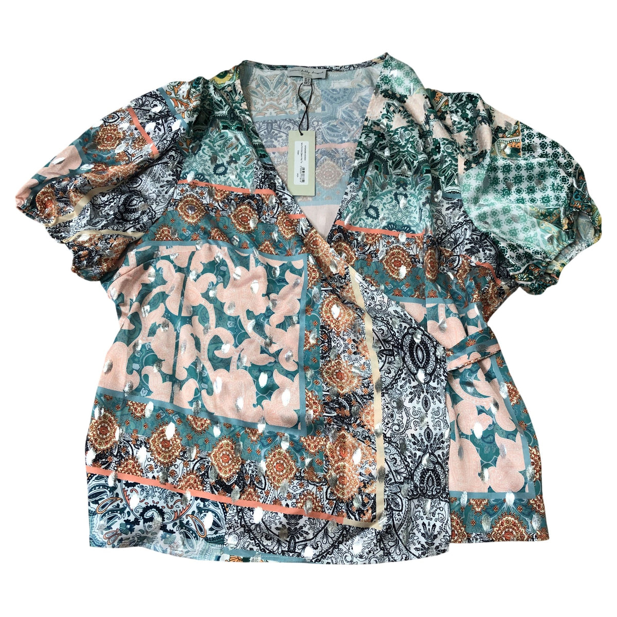 Boho Print Short Sleeve Wrap Top Size 24 Women's Green