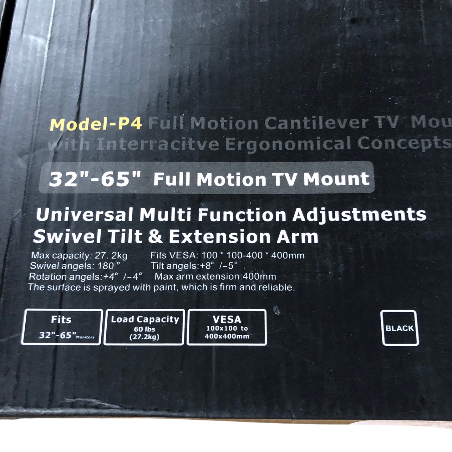 Model P4 Full Motion Cantilever TV Mount 32 to 65 Inch Adjustable Black