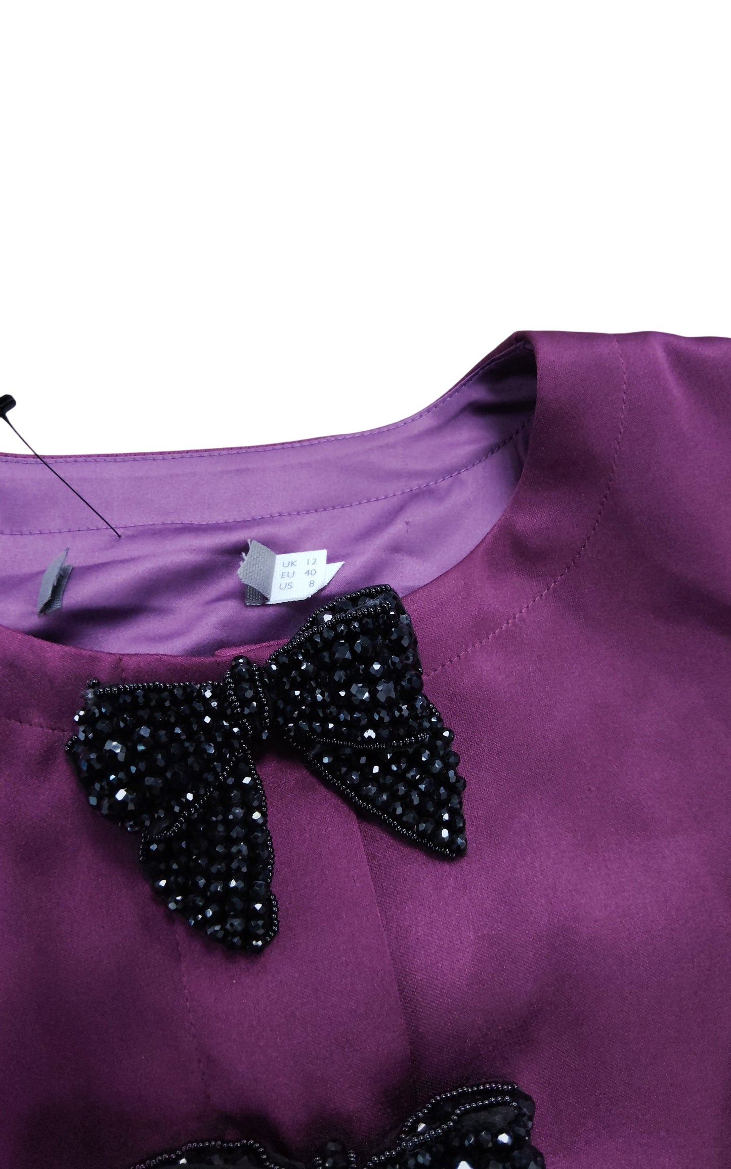 Purple Satin Blouse UK12 Women's Puff Sleeve Beaded Bow Detail Top