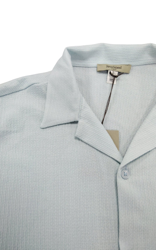 River Island Men's Short Sleeve Casual Shirt UK XL Light Blue Ribbed Cotton