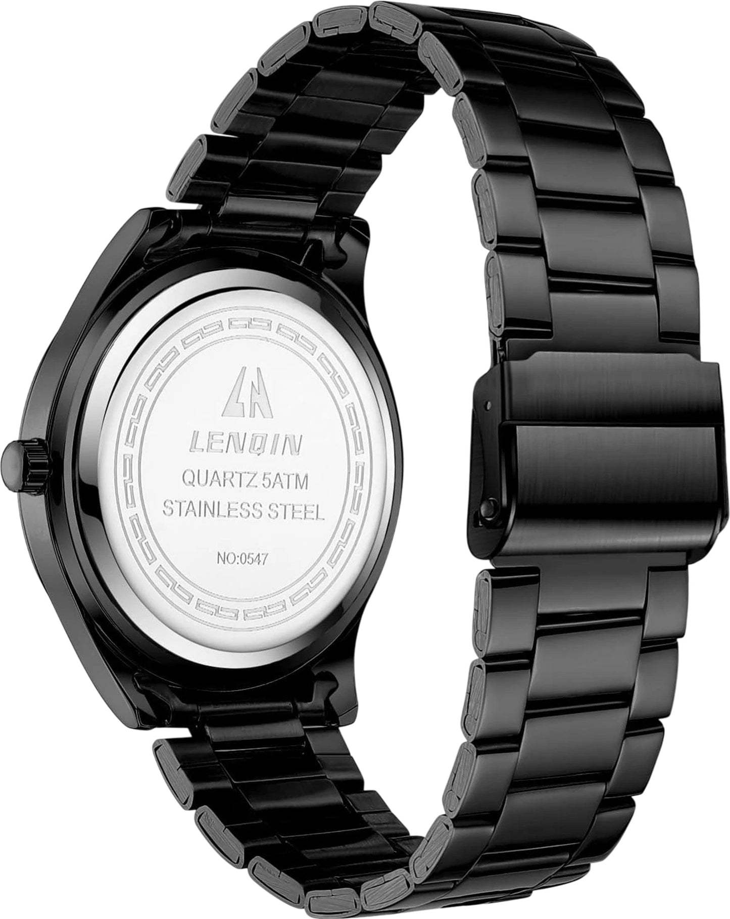 LN LENQIN Black Stainless Steel Watch Modern Quartz Men's Sports Style Band