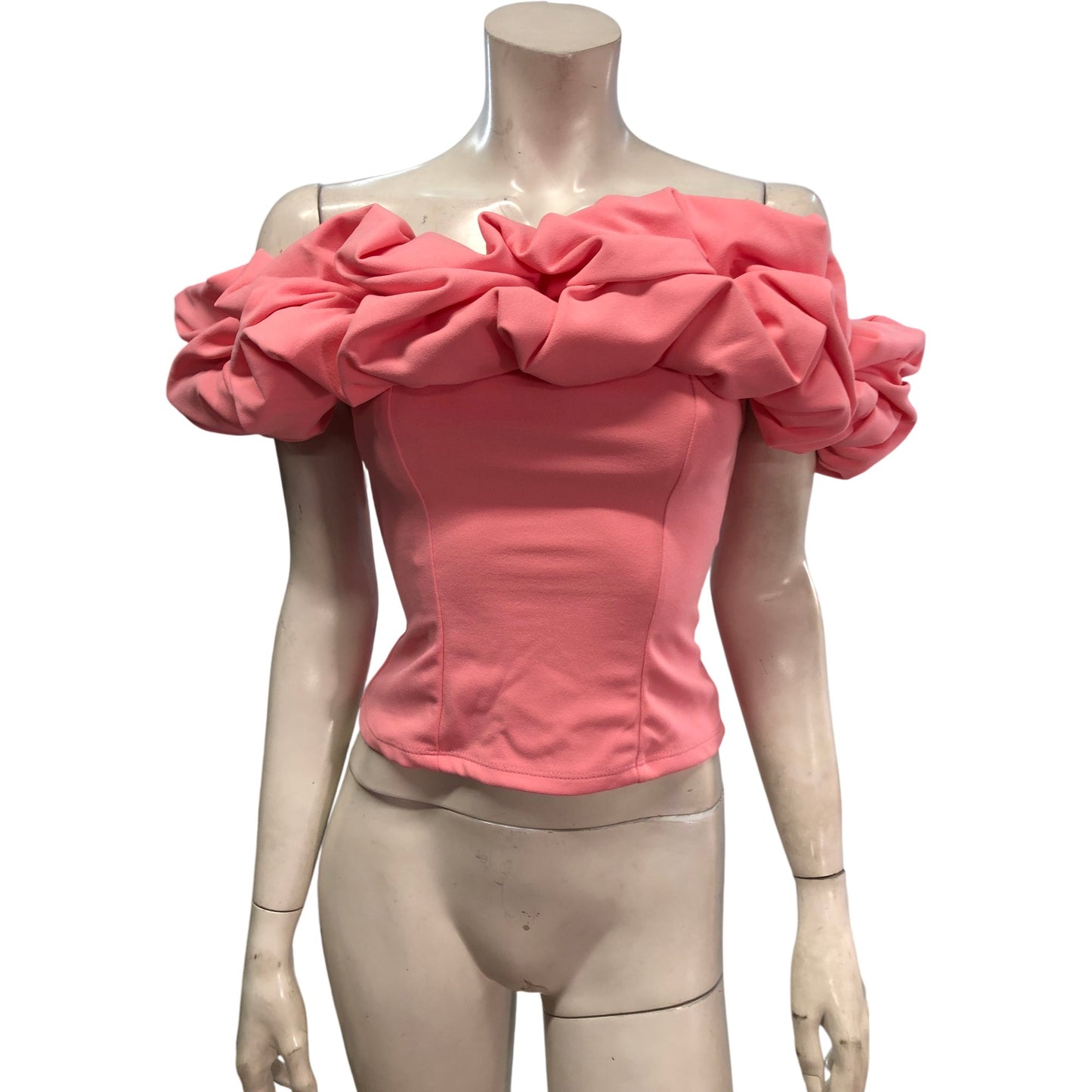 Stylish Off Shoulder Top Pink Women's Ruffle Sleeve Fitted Size Large