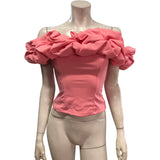 Stylish Off Shoulder Top Pink Women's Ruffle Sleeve Fitted Size Large