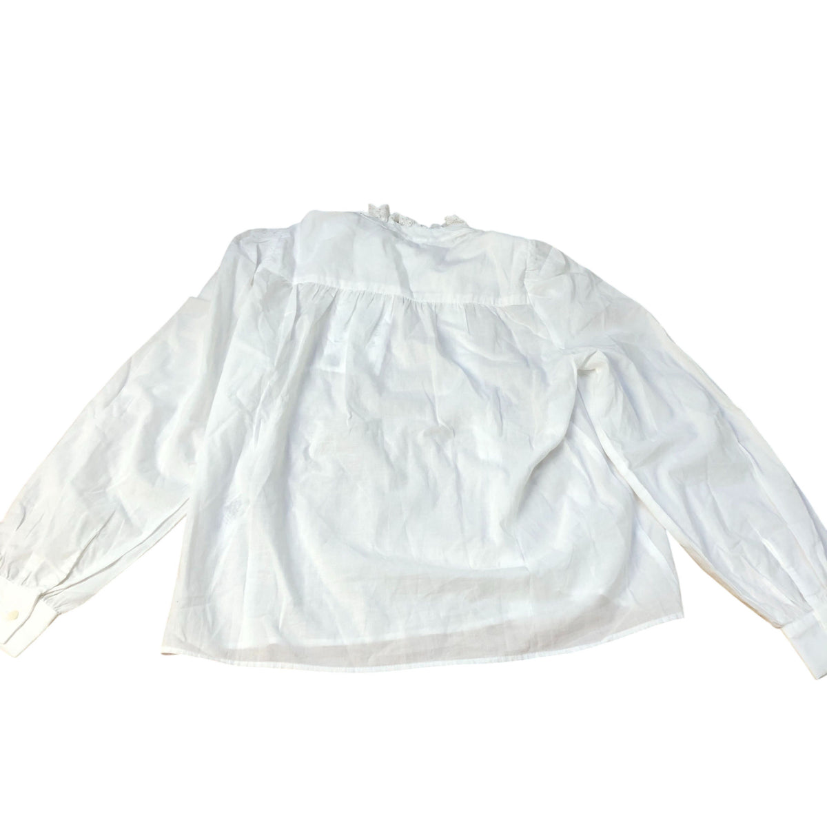 Baukjen White Blouse UK10 Women's Cotton Long Sleeve Ruffled Neck Lace Detail