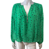 Green Polka Dot Blouse UK12 Women's Long Sleeve Trendy V Neck Button Detail