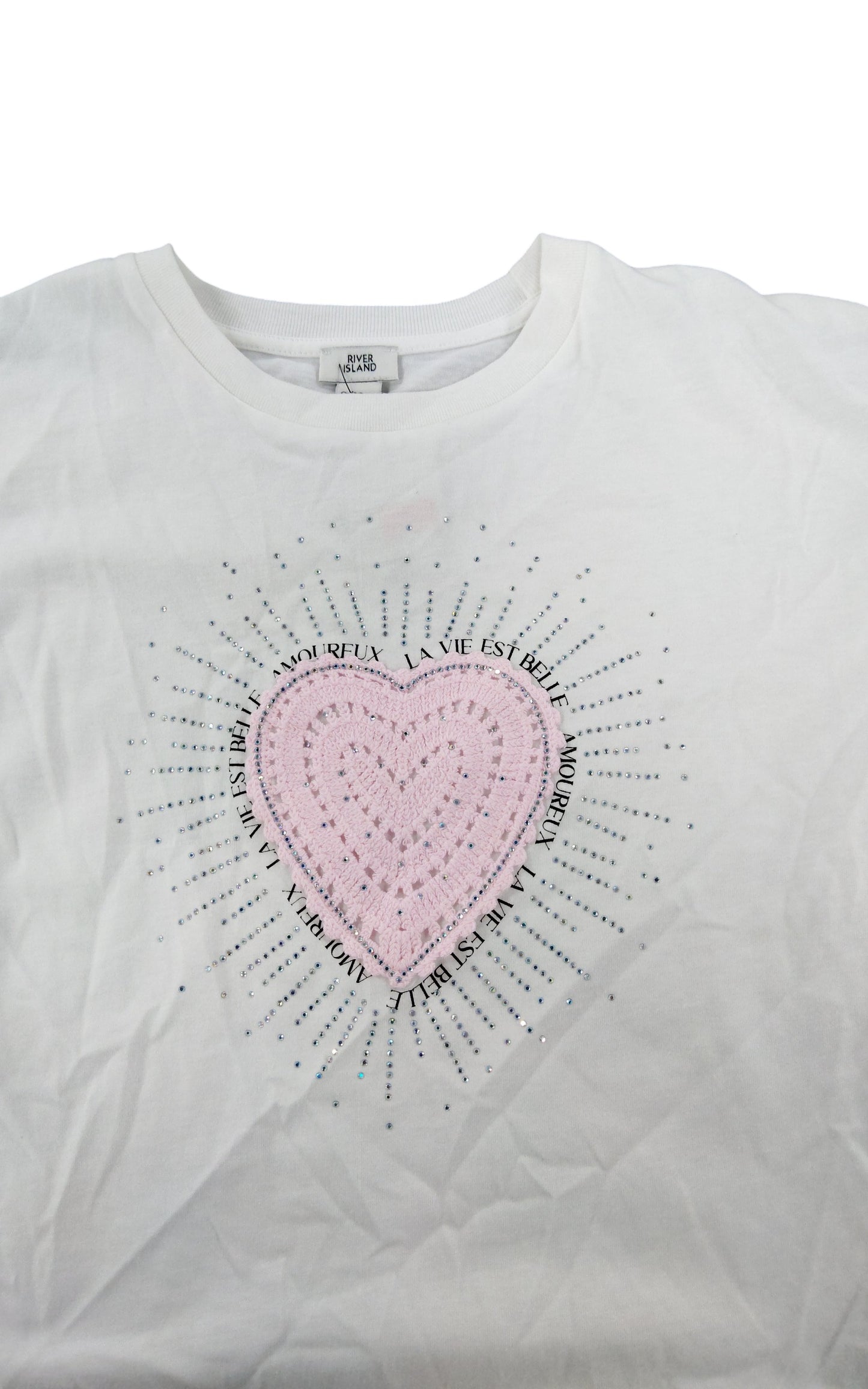 River Island Girls Top Size 9-10 White Heart Print Ruffled Sleeve T-Shirt