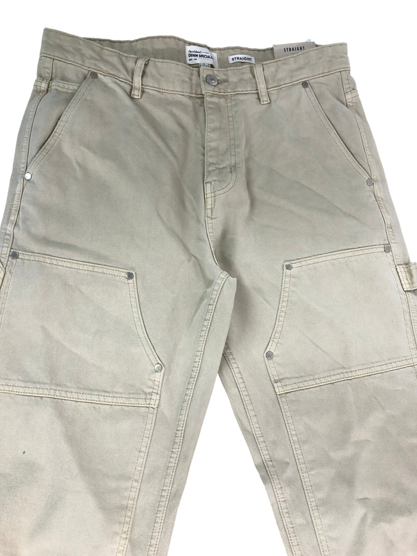 River Island Straight Trousers W34 L34 Men's Beige Cotton Cargo Pants