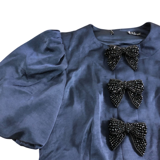 Women's Navy Blue Blouse Puff Sleeve with Beaded Bows
