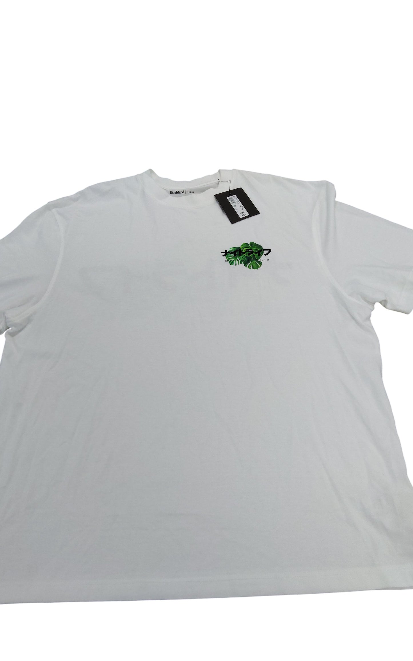 River Island Studios Men's White T-Shirt Size XL with Green Leaf Print Design