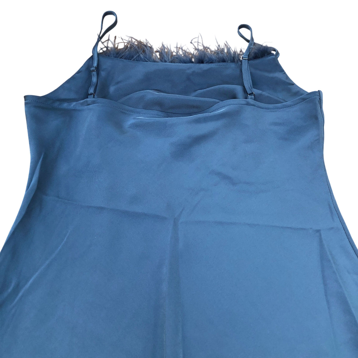 River Island Long Satin Dress Women's Blue with Feather Trim Spaghetti Str