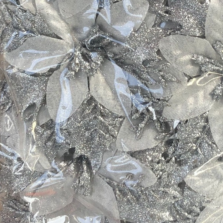 Silver Glitter Poinsettia Artificial Flowers 5.5" Pack Of 12