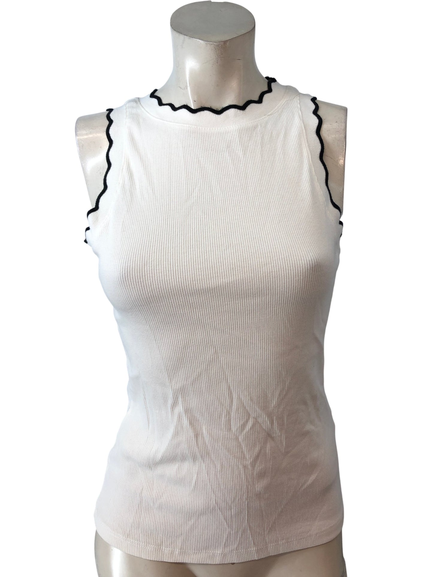 River Island Women's White Ribbed Tank Top XS Casual Style Black Trim
