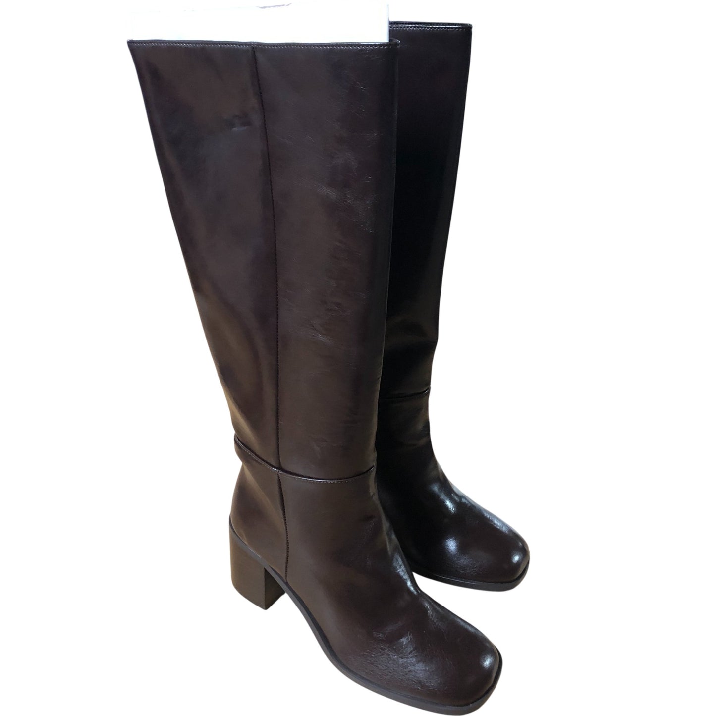 River Island Knee High Boots Women's Brown Leather Block Heel Fashion UK3