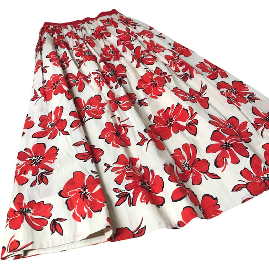 Floral Midi Skirt Women's Red White Cotton Flared Style UK8