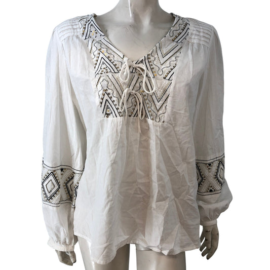 White Embroidered Blouse Women's Size 16 Lightweight Long Sleeve Top