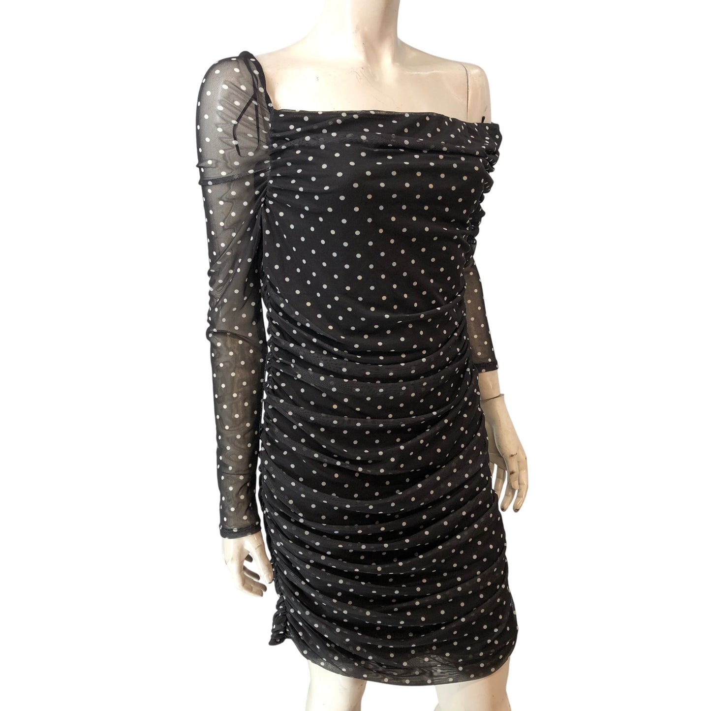 River Island UK14-16 Women's Black Polka Dot Ruched Dress Long Sleeve