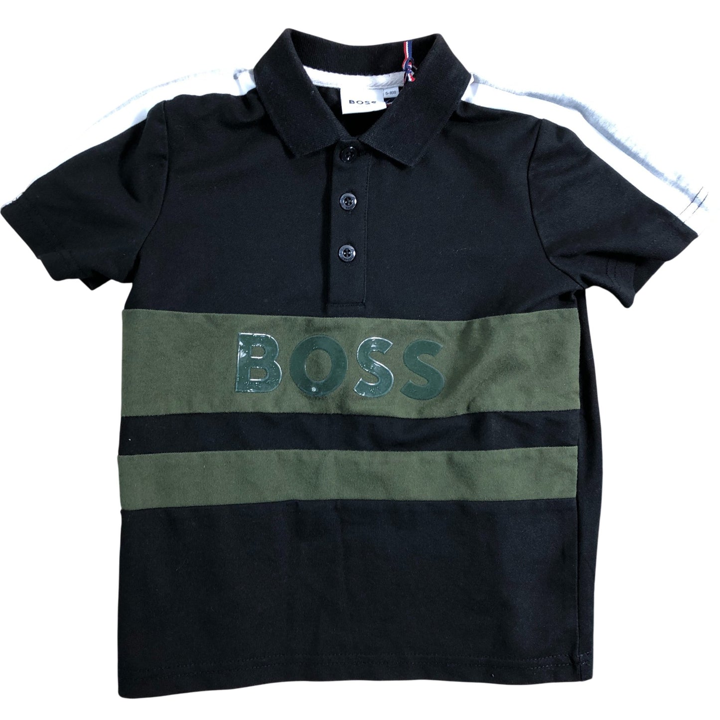 BOSS Slim Fit Polo Shirt Black Boys Short Sleeve Green Stripe 5 Years